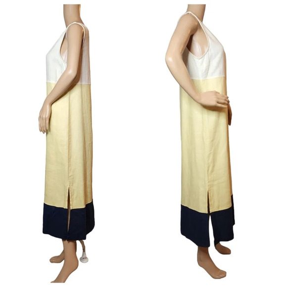 100% Linen Maxi Dress Modern Element Cream Yellow Blue Colorblock Small Petite. - Picture 3 of 16